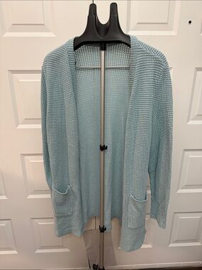 Light Aqua Open-Front Waffle Knit Cardigan with Pockets